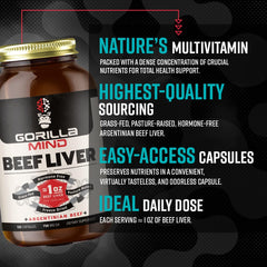 Gorilla Mind pasture-raised beef liver bottle side-view, hormone-free sourcing.