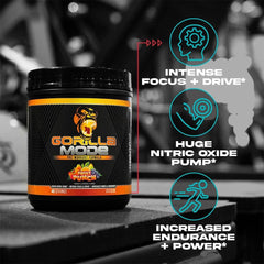 Scoop beside water bottle highlighting 400 mg caffeine in Gorilla Mind.