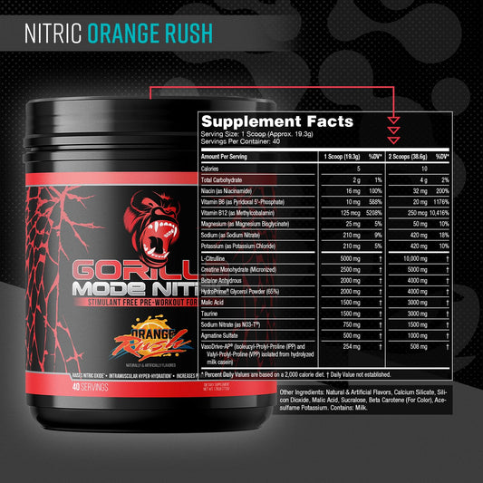 Gorilla Mind Gorilla Mode Nitric Orange Rush scoop close-up highlighting precise citrulline content.
