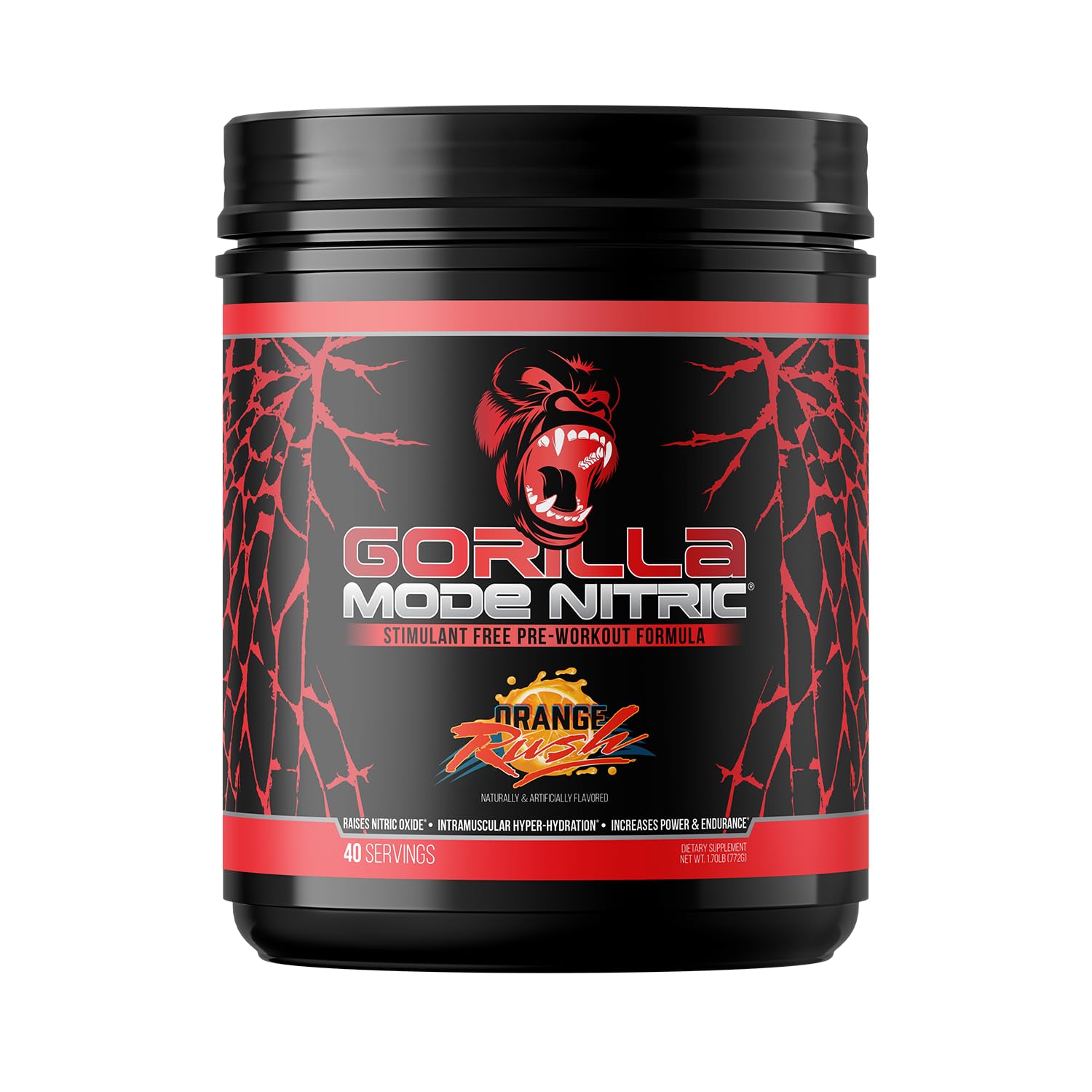 Gorilla Mind Gorilla Mode Nitric Orange Rush tub shows stimulant-free pre-workout formula for strong pumps.