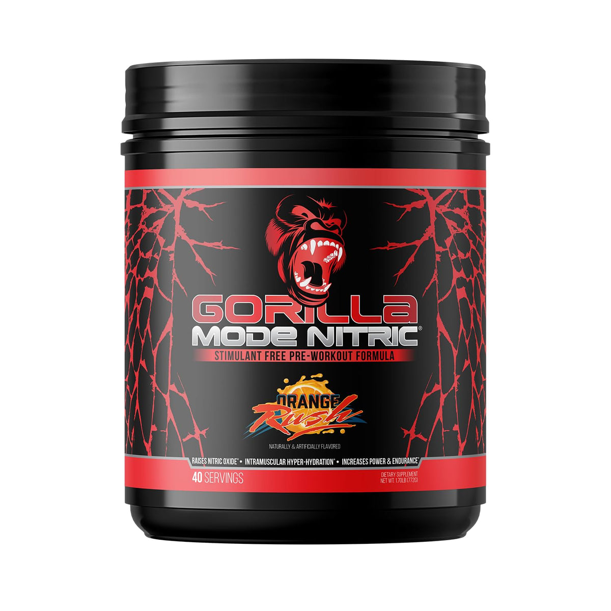 Gorilla Mind Gorilla Mode Nitric Orange Rush tub shows stimulant-free pre-workout formula for strong pumps.