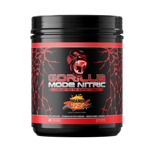 Gorilla Mind Gorilla Mode Nitric Orange Rush tub shows stimulant-free pre-workout formula for strong pumps.