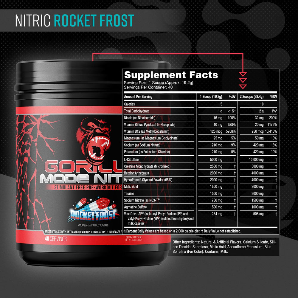 Gorilla Mode Nitric Upgraded powder being poured into a shaker for smooth taste.