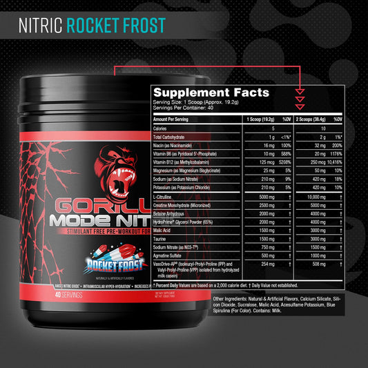 Gorilla Mode Nitric Upgraded powder being poured into a shaker for smooth taste.