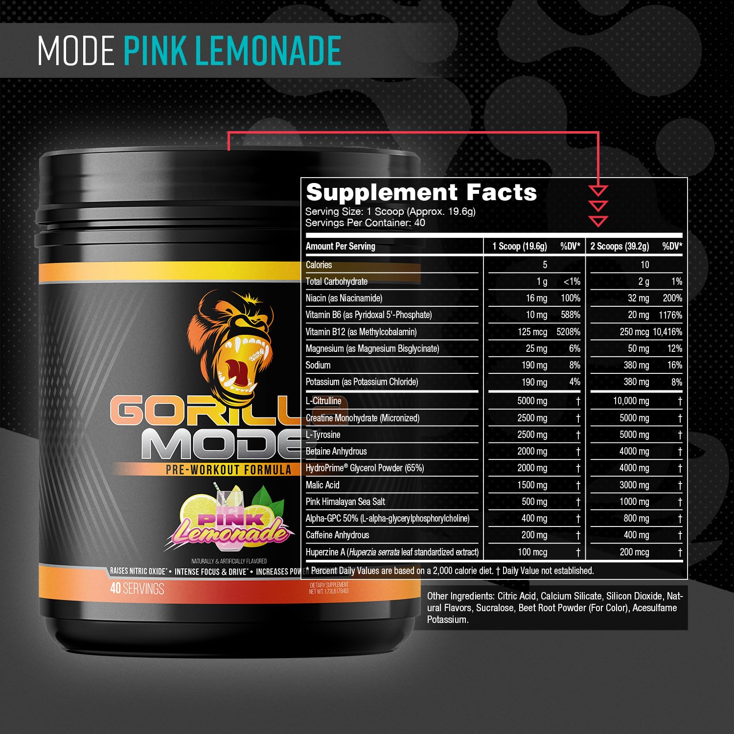 Gorilla Mind Gorilla Mode tub with scoop highlights high-dose formula for energy
