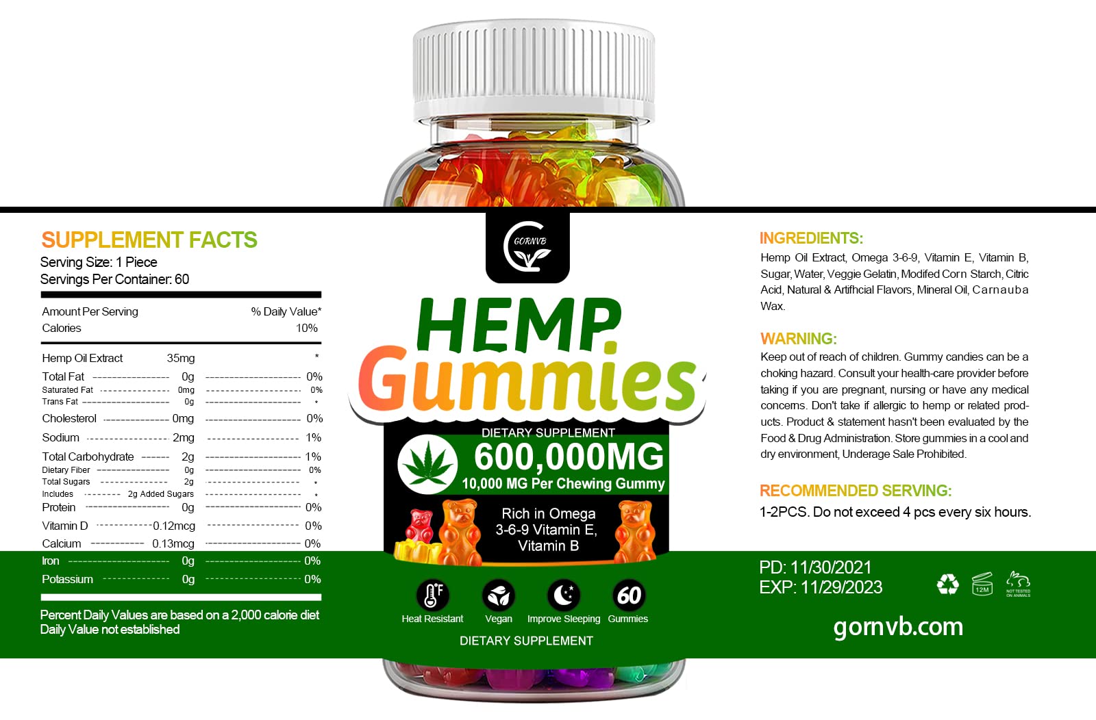GORNVB bedtime gummy beside clock, hinting at a sleep-friendly routine.