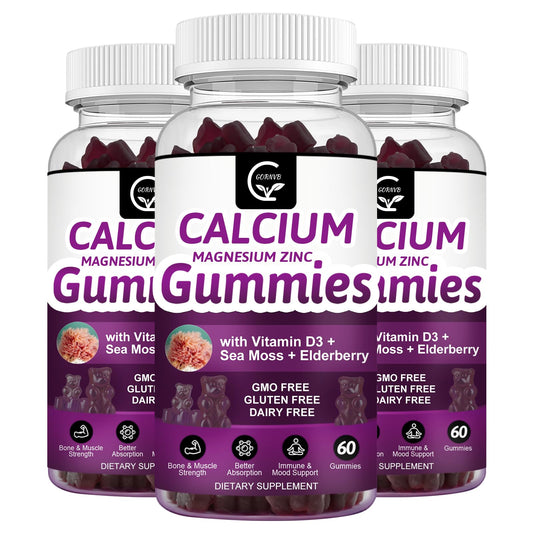 GORNVB calcium magnesium zinc gummies bottle showing a tasty bone-supporting supplement for daily wellness