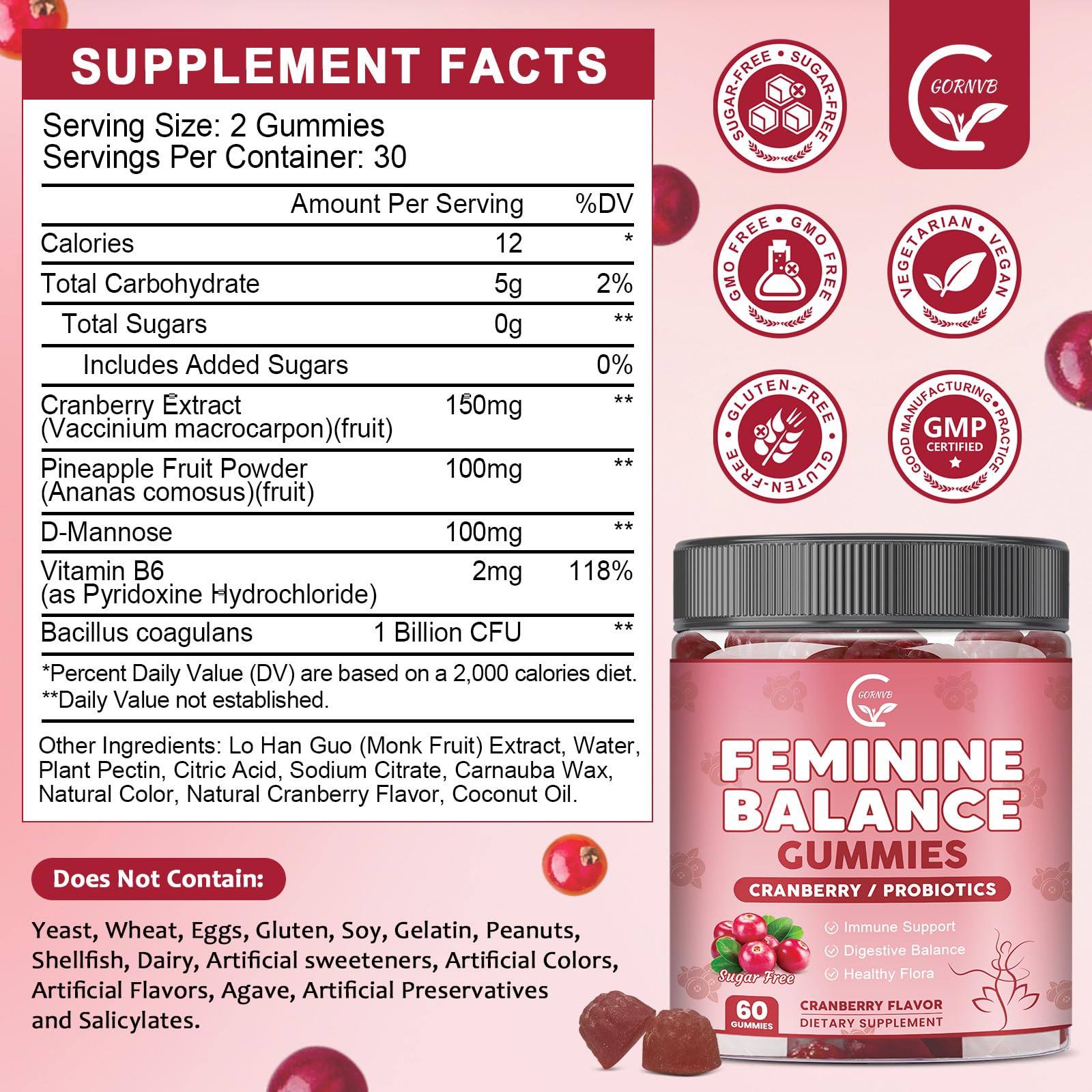 Close-up of GORNVB gummies highlighting cranberry-pineapple flavor for a tasty daily routine.