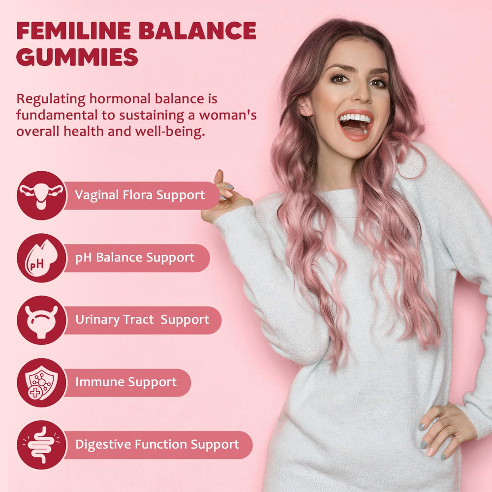 Packaging box displays GORNVB Feminine Balance with vegan, gluten-free gummies.