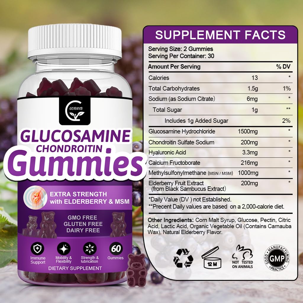 GORNVB glucosamine chondroitin gummies bottle back label highlights ingredients