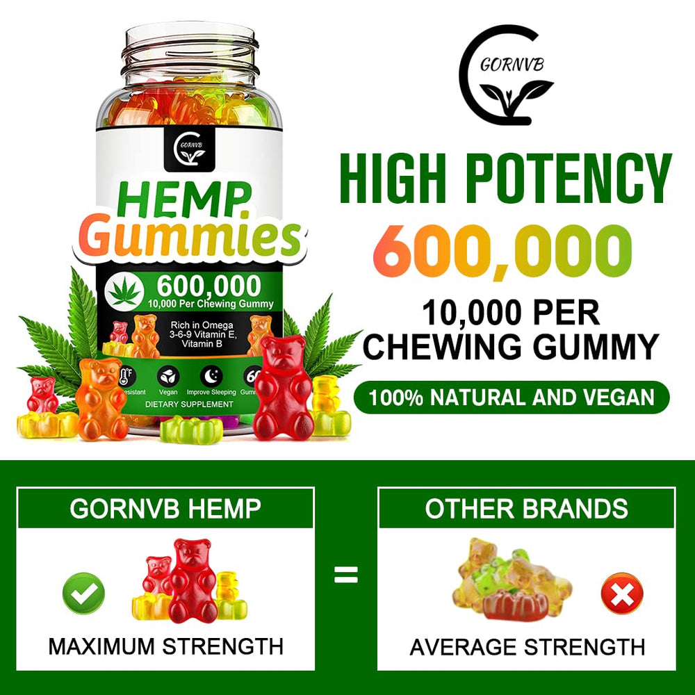 GORNVB hemp gummies bottle beside packaging, vegan and non-GMO formulation for mindful snacking.