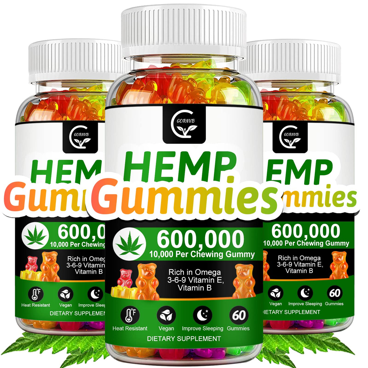 GORNVB high potency hemp gummies 600000 in a 3-pack bottle, convenient calm support.