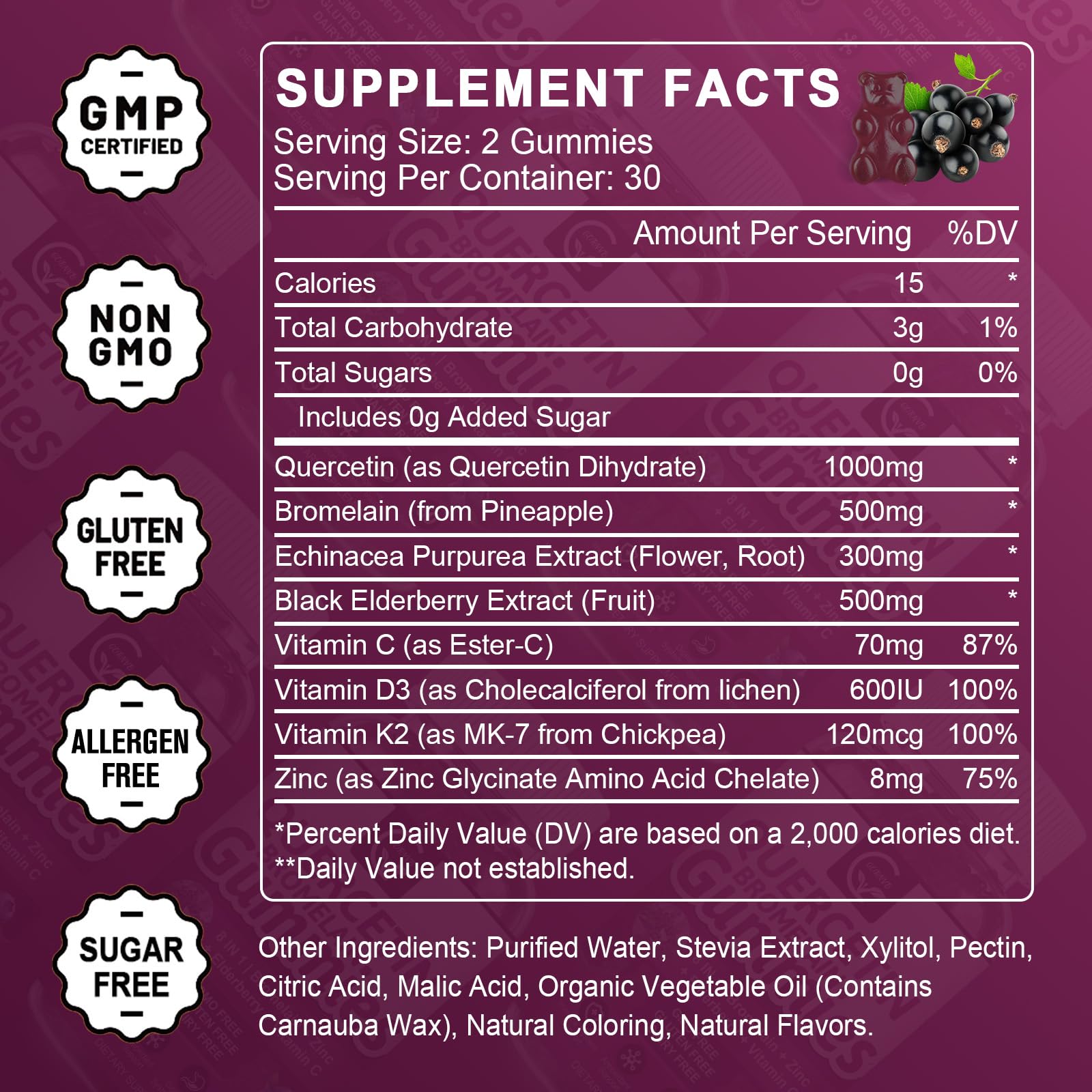 GORNVB Quercetin with Bromelain label highlights key ingredients and quick benefits.