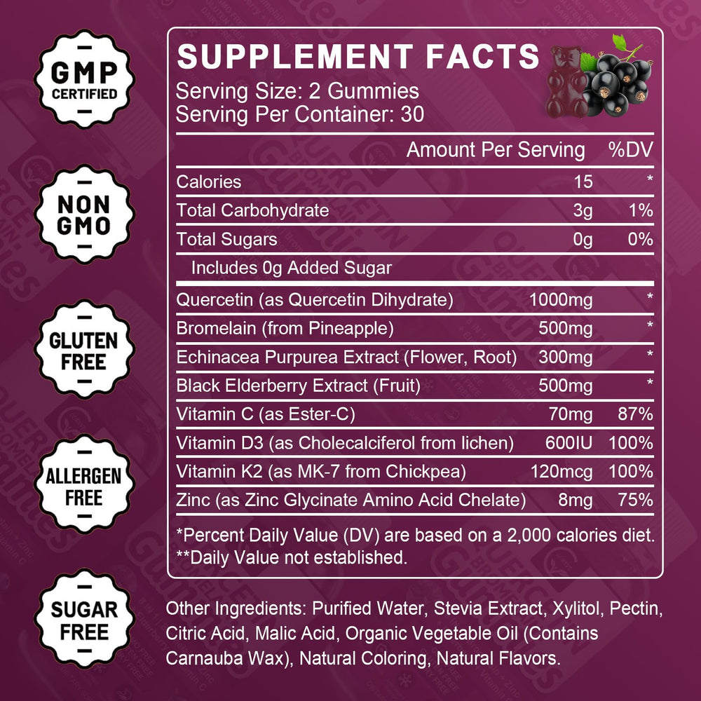 GORNVB Quercetin with Bromelain label highlights key ingredients and quick benefits.