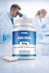 GOUBEE AOD-9604 label close-up shows 99% purity and batch-traceable quality for labs.