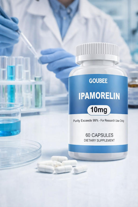 GOUBEE IPAMORELIN front-label showing batch and purity details for lab work.