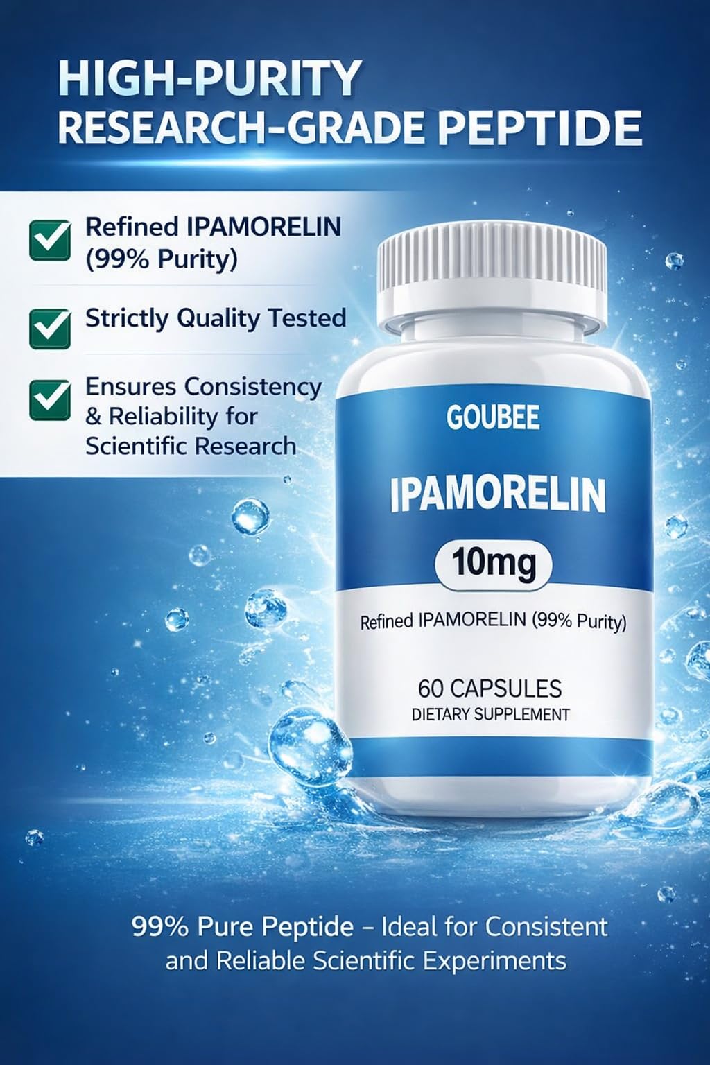 GOUBEE IPAMORELIN label closeup highlighting purity and quantity for traceability.