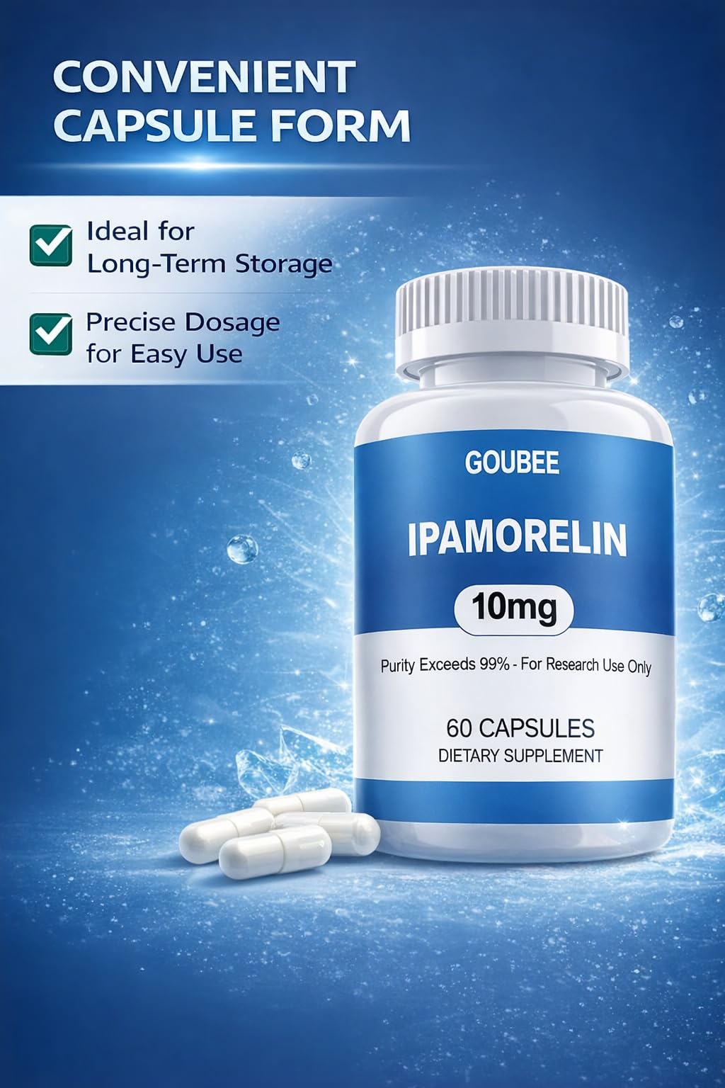 GOUBEE IPAMORELIN powder vial shown under lab lighting for storage stability.