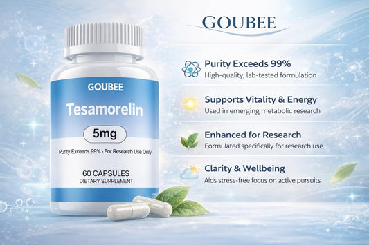 GOUBEE Tesamorelin capsules showing 5 mg each for precise experiments.