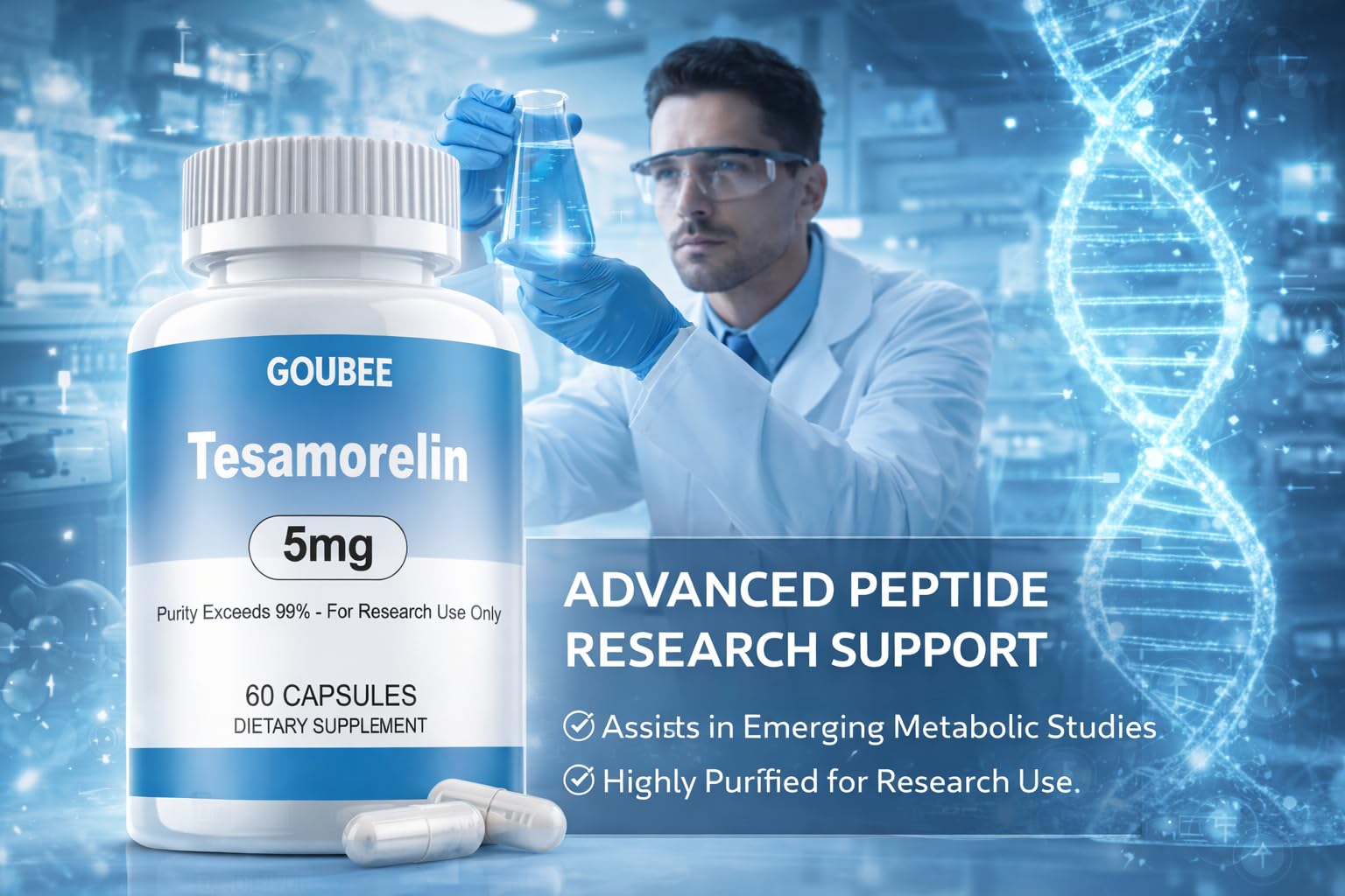 GOUBEE Tesamorelin packaging on shelf highlighting high-purity research material.