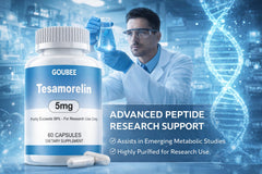 GOUBEE Tesamorelin packaging on shelf highlighting high-purity research material.