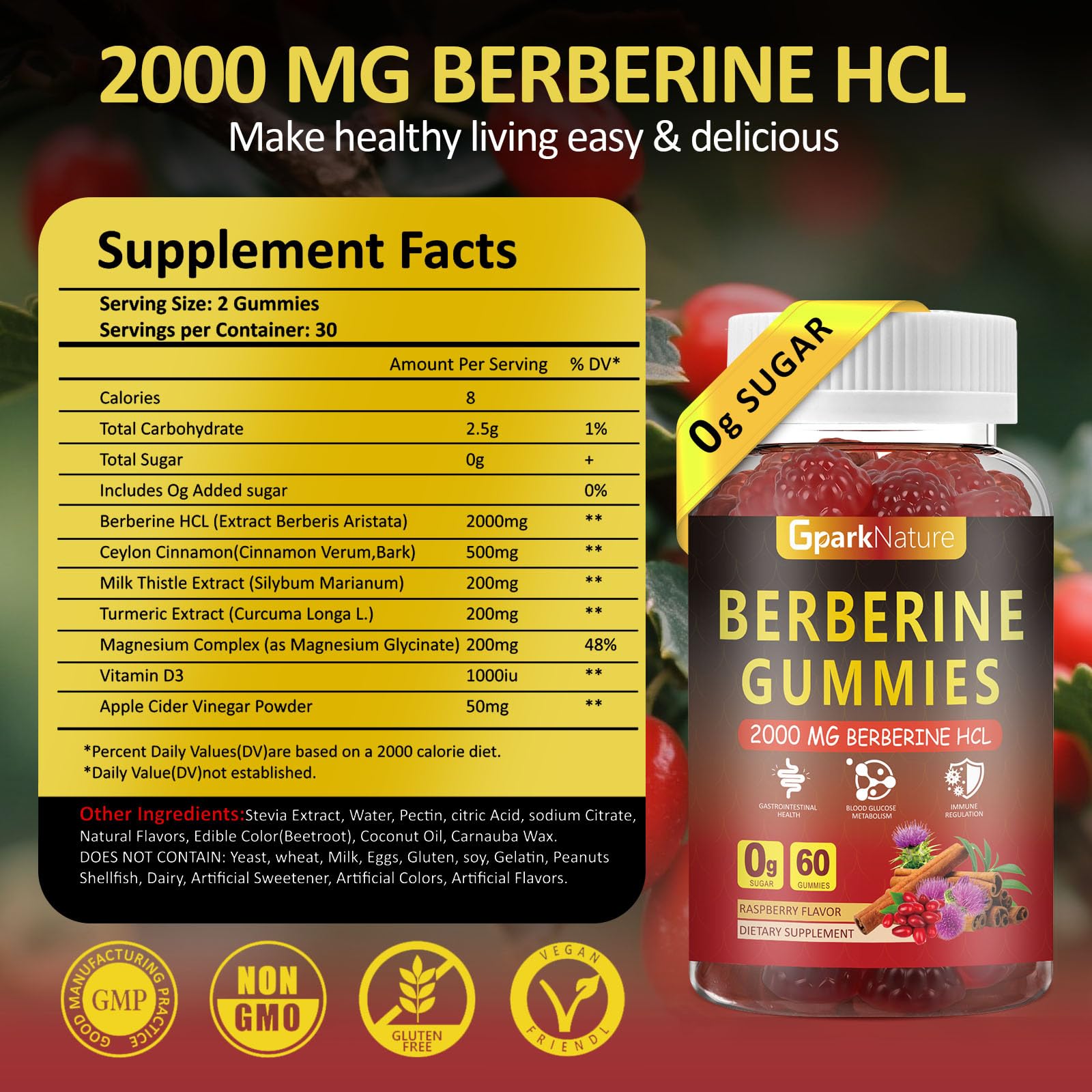 GparkNature Berberine Gummies bottle front showing vegan, sugar-free supplement for everyday wellness.