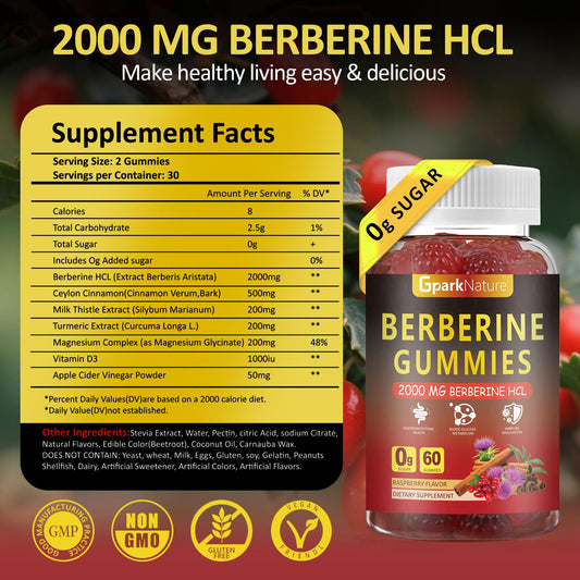 GparkNature Berberine Gummies bottle front showing vegan, sugar-free supplement for everyday wellness.
