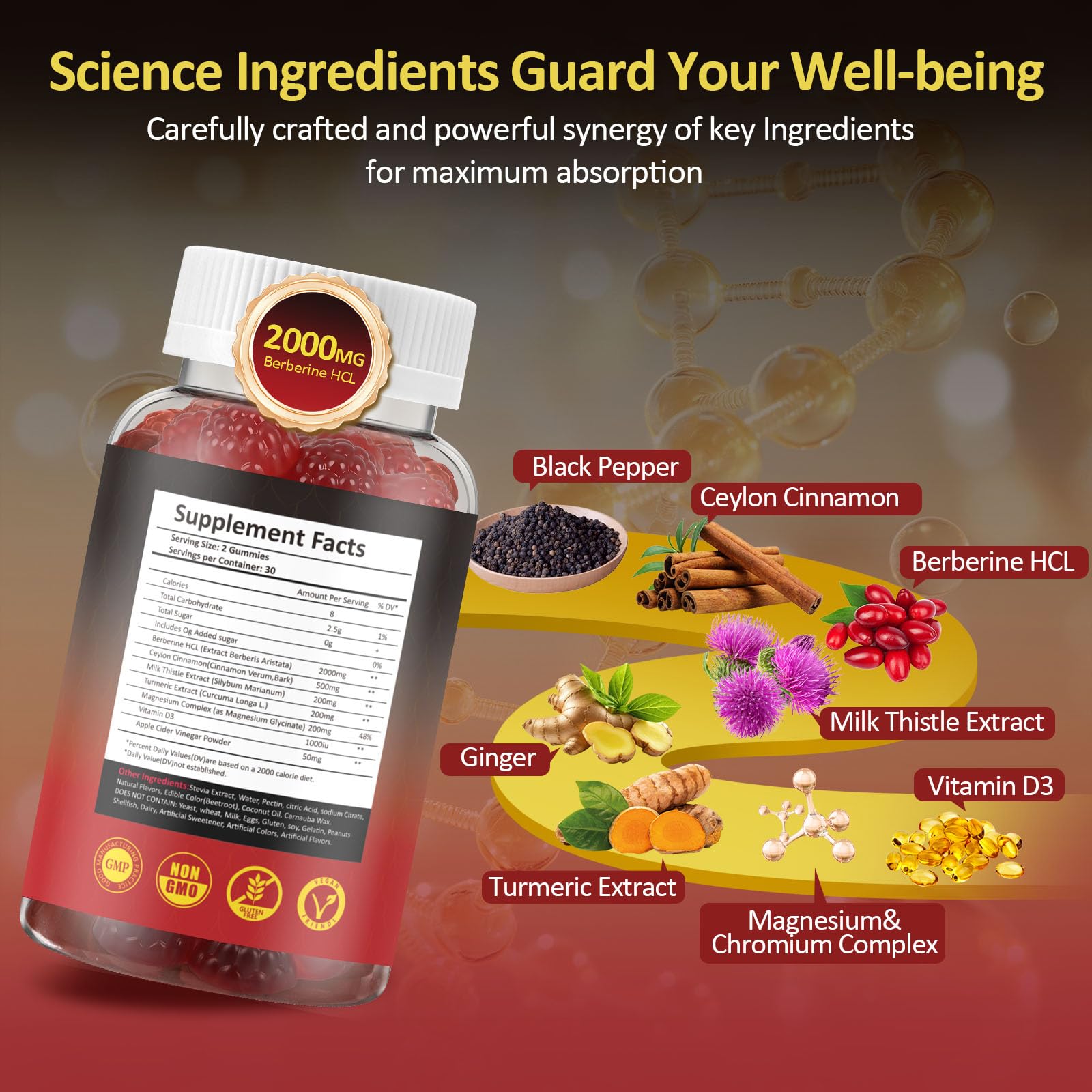 GparkNature Berberine Gummies ingredients panel featuring berberine, cinnamon, turmeric synergy.