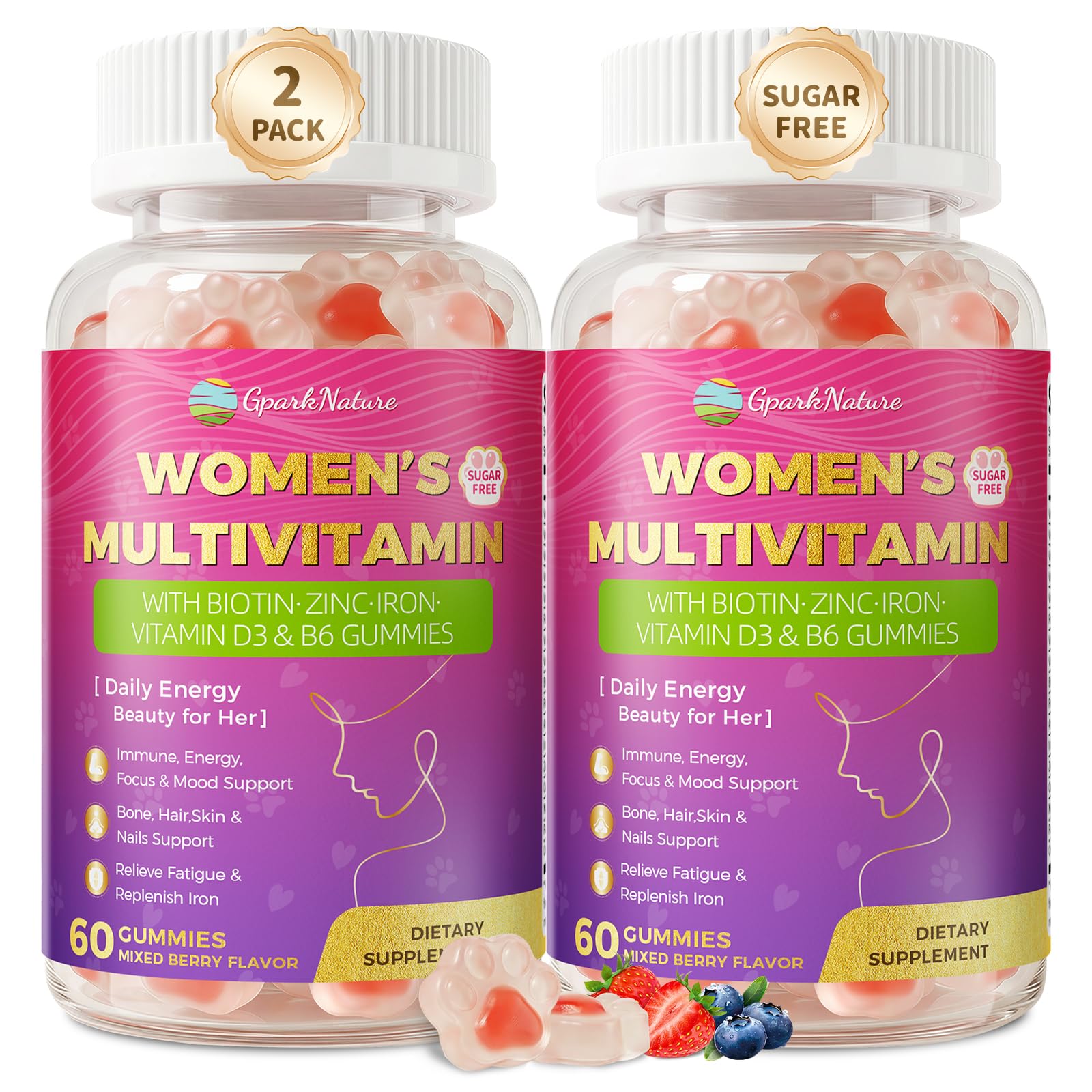GparkNature Women Gummies bottle front with sugar-free berry formula for daily nutrition