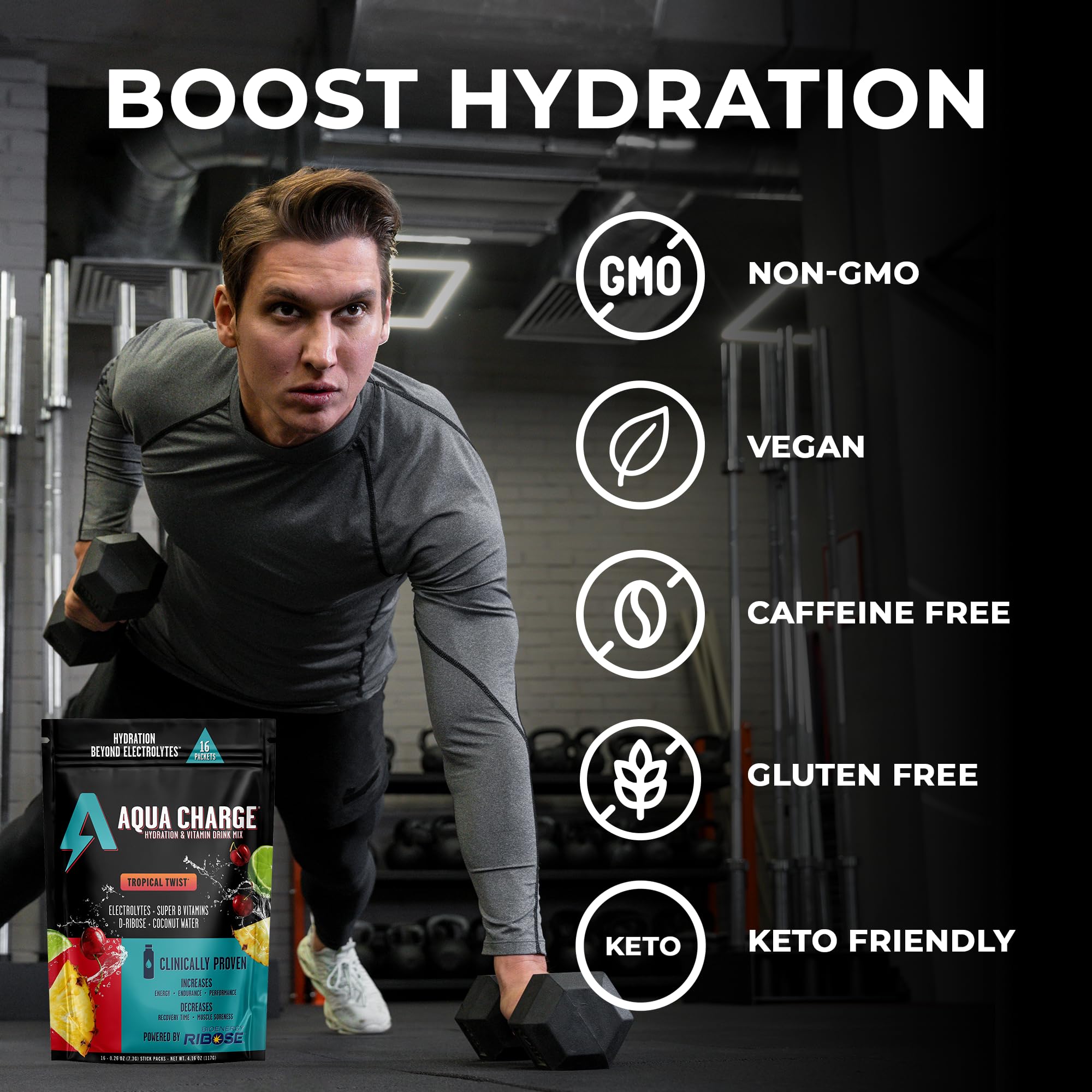Aqua Charge bottle splash emphasizing caffeine-free hydration for daily activity