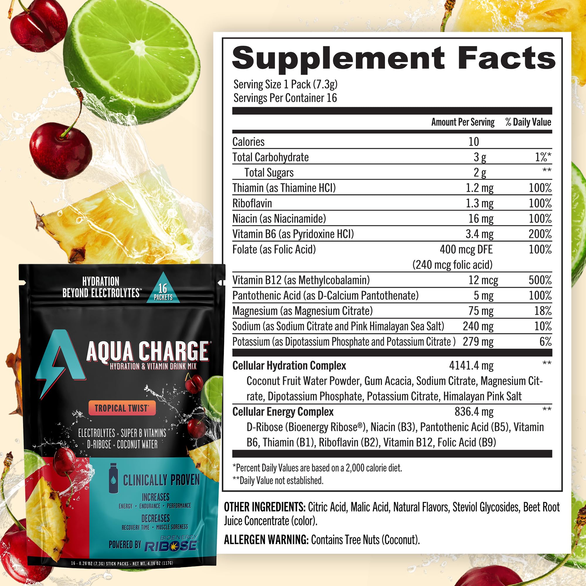 Glass of water with Aqua Charge highlights refreshing tropical hydration