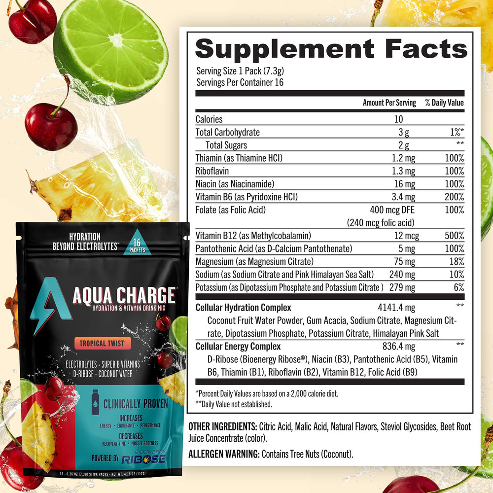 Glass of water with Aqua Charge highlights refreshing tropical hydration