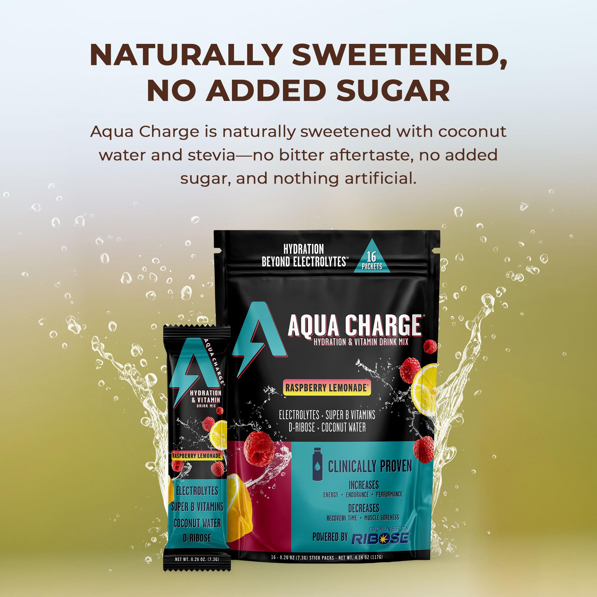 Grab The Gold Aqua Charge stick packet highlights convenient on-the-go hydration
