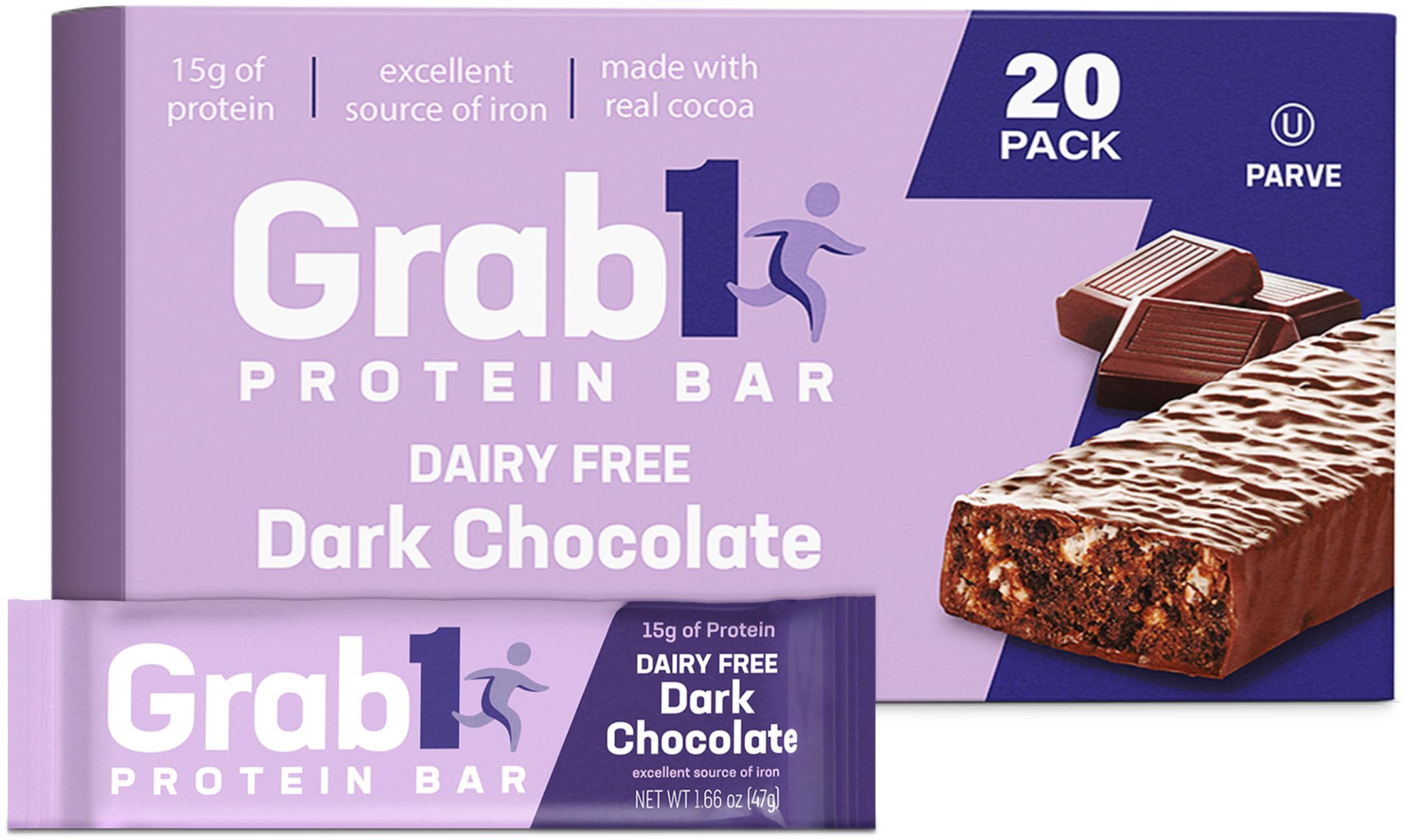 Grab1 dairy-free dark chocolate bar front view, a protein-packed snack.