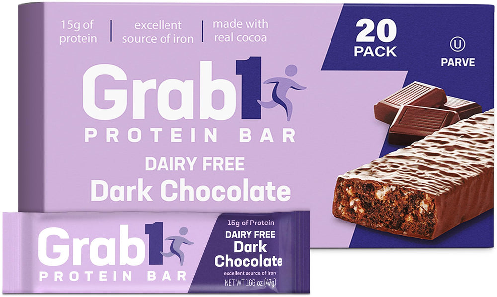 Grab1 dairy-free dark chocolate bar front view, a protein-packed snack.