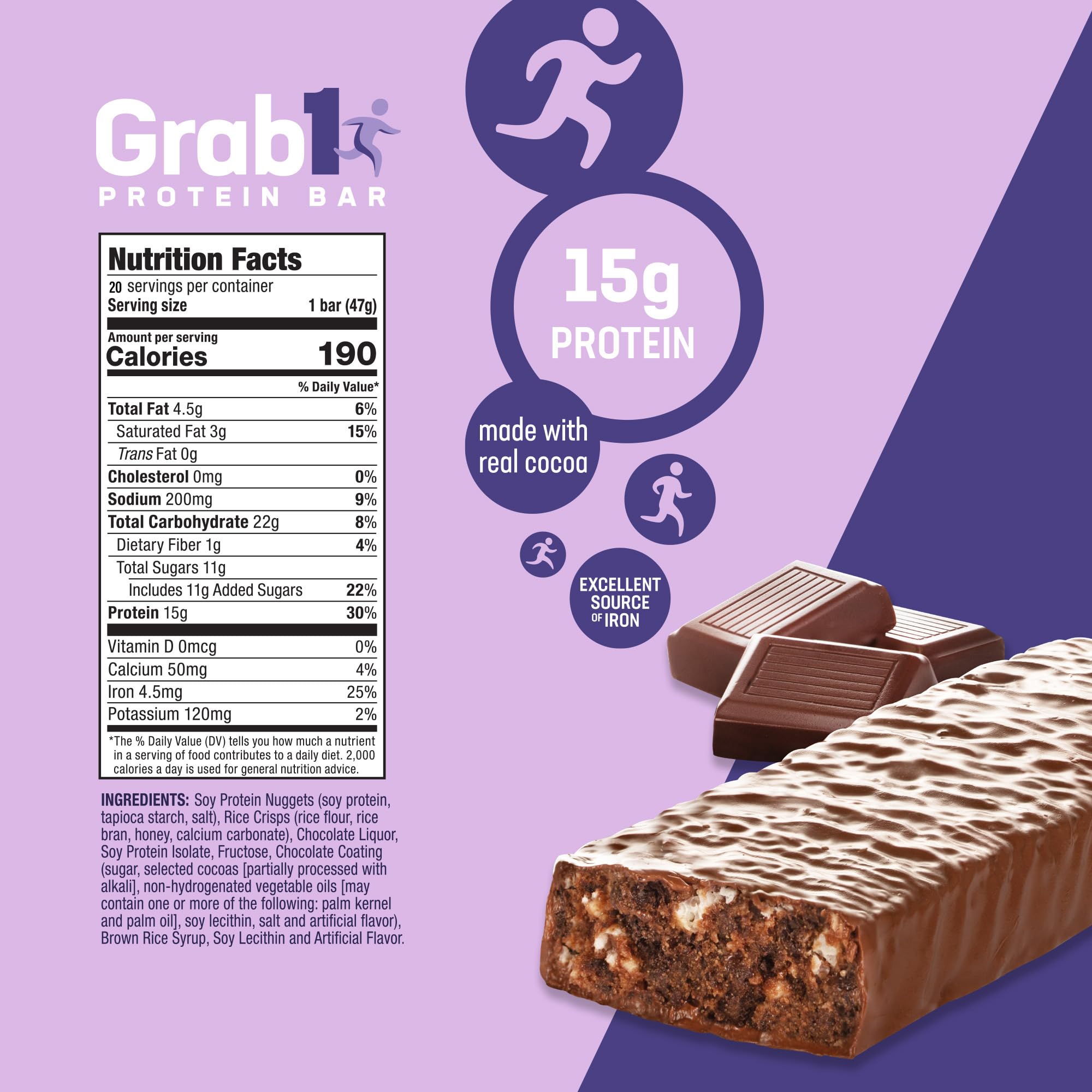 Grab1 dark chocolate bar nutrition panel showing protein and fiber.