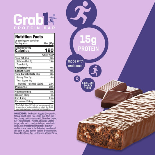 Grab1 dark chocolate bar nutrition panel showing protein and fiber.