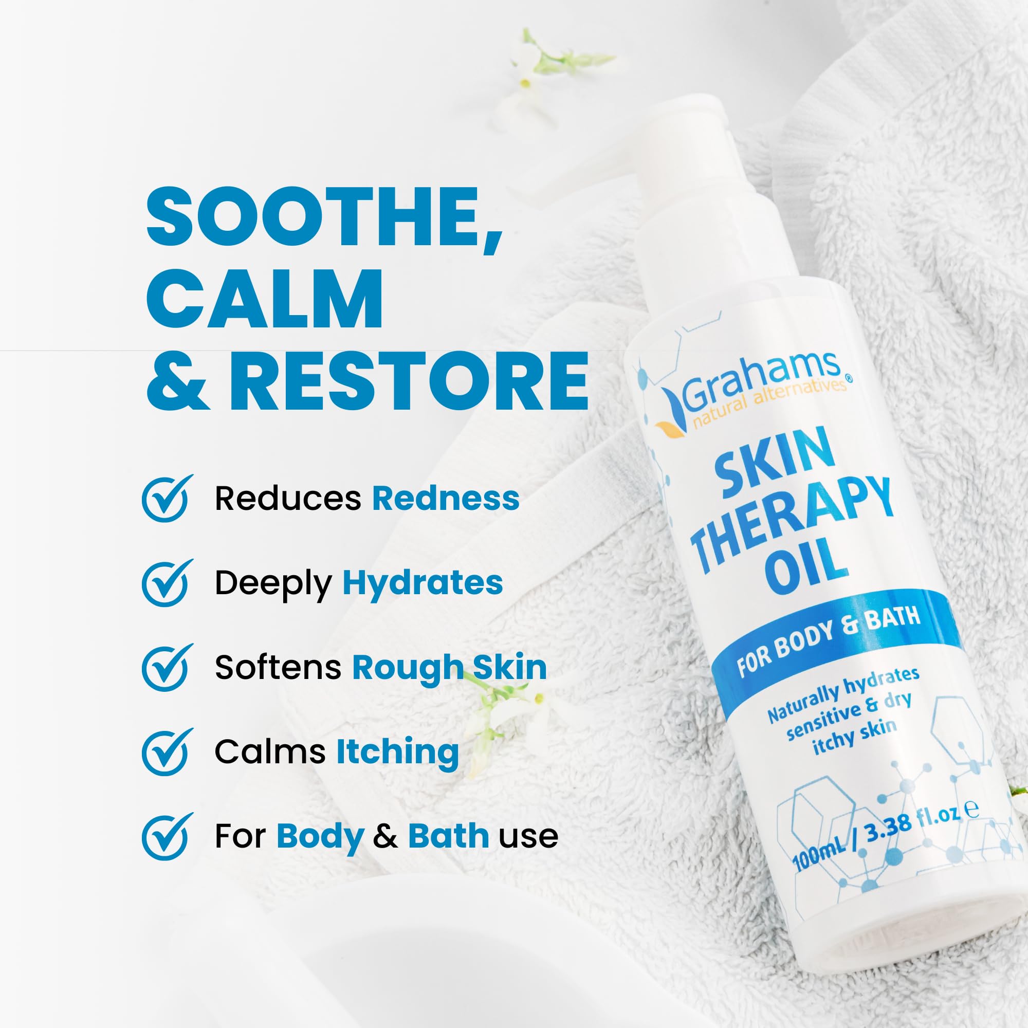 Grahams Natural Skin Therapy Oil on hands for gentle moisture.