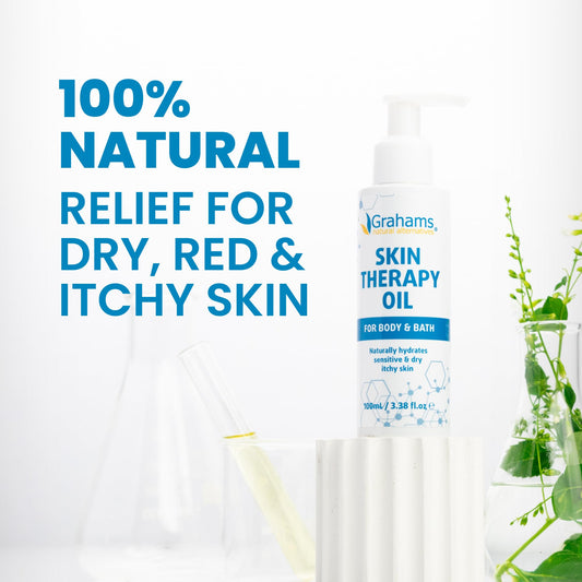 Grahams Natural Skin Therapy Oil pour showing fast-absorbing texture.