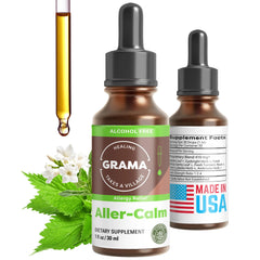 Grama Aller-Calm bottle-pour shows easy non-drowsy allergy relief on the go.