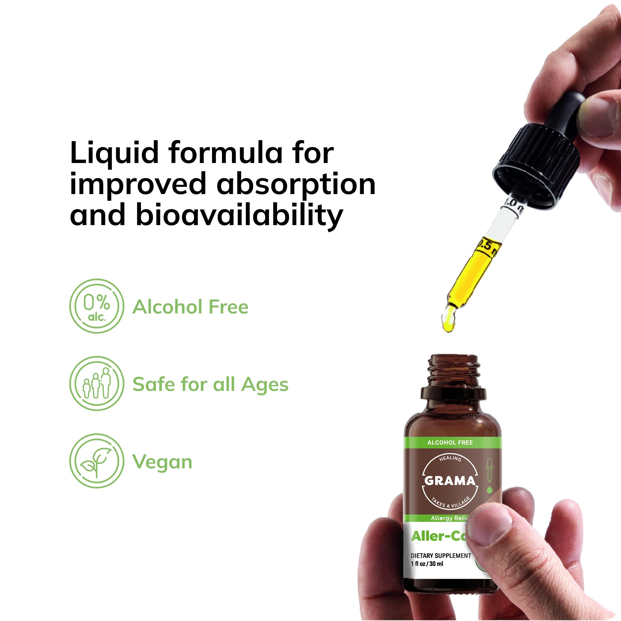 Grama Aller-Calm dosage-dropper demonstrates precise, user-friendly liquid dosing for all ages.