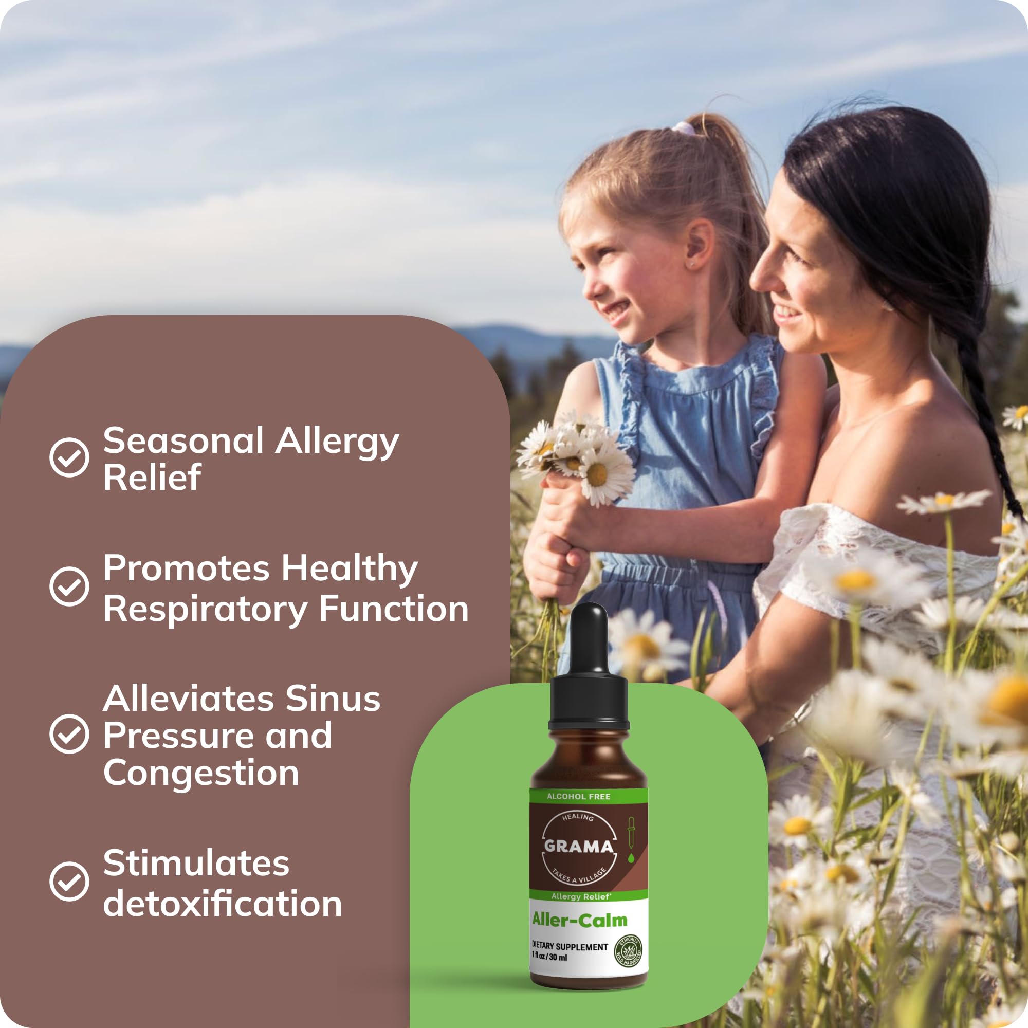 Grama Aller-Calm drops-closeup highlights liquid formula for fast, gentle allergy support.