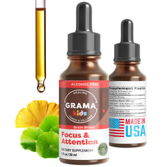Grama Wellness Focus Drops bottle illustrating organic support for kids' focus and calm.