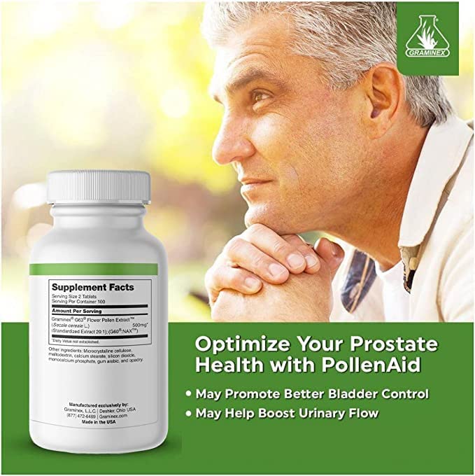 Graminex PollenAid packaging highlights natural ingredients and solvent-free extraction.