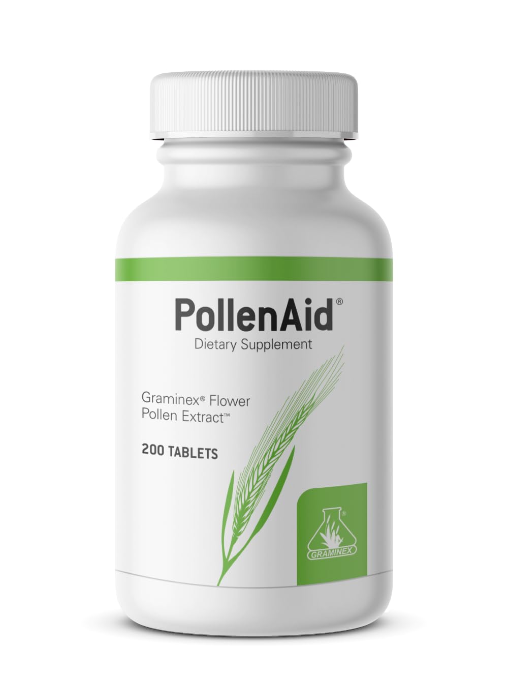 Graminex PollenAid label close-up shows purity and USA-made quality.