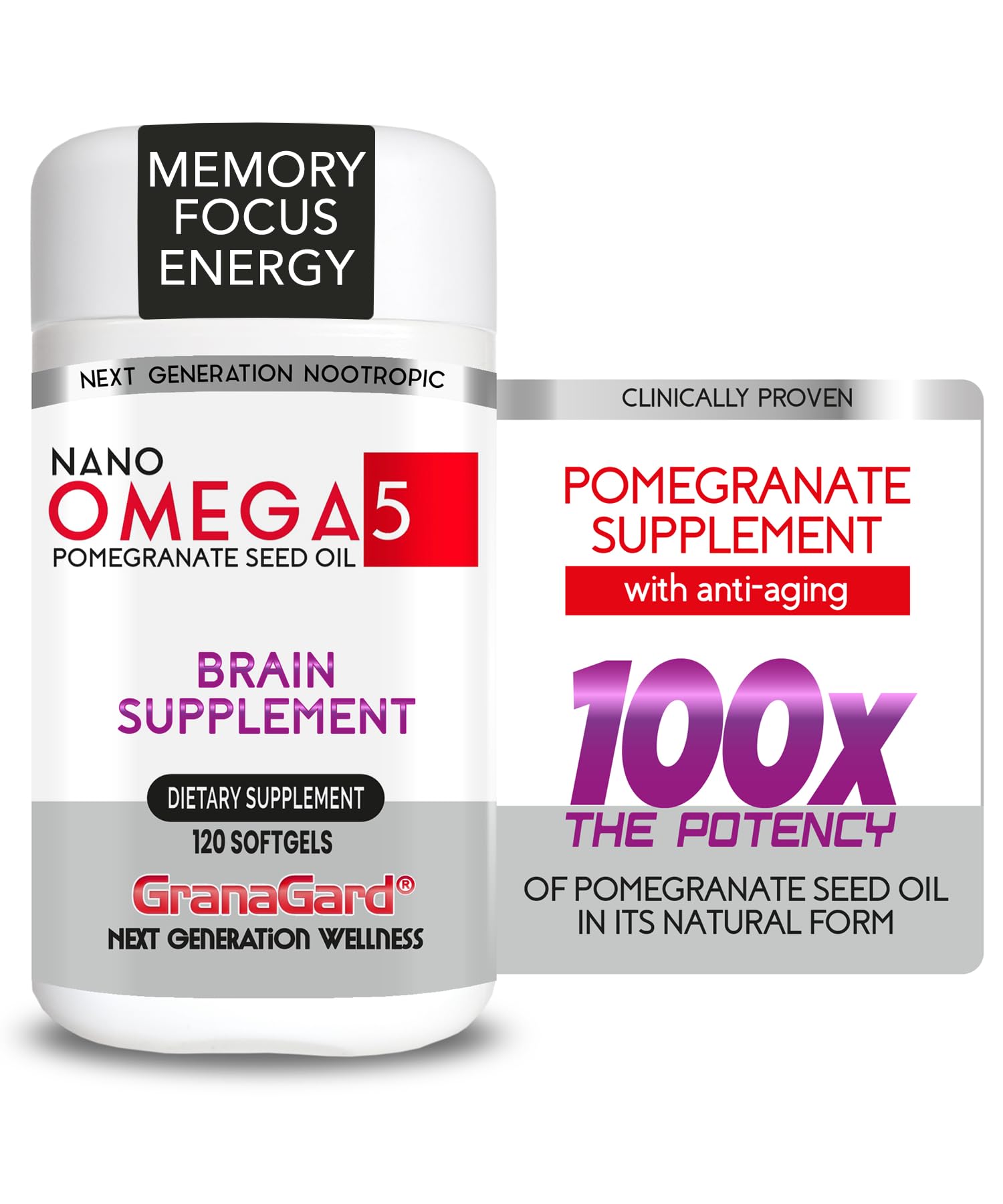 Granagard Omega 5 bottle signals a focus-enhancing brain supplement.