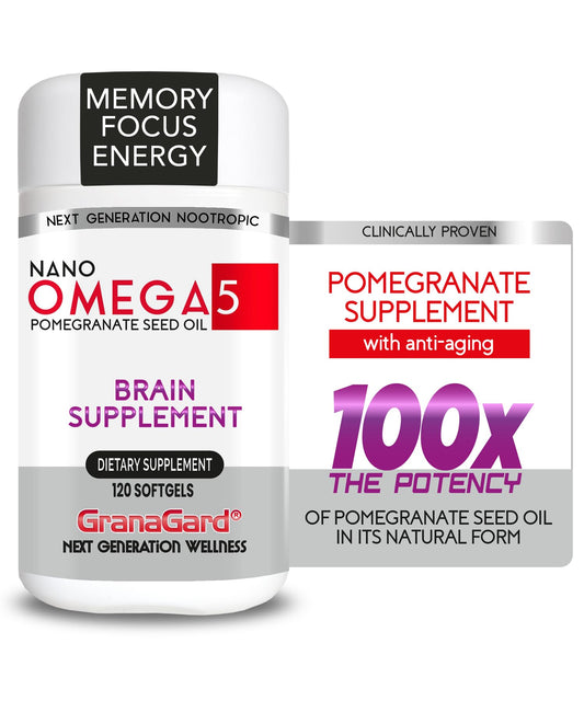 Granagard Omega 5 bottle signals a focus-enhancing brain supplement.