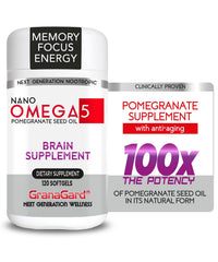 Granagard Omega 5 bottle signals a focus-enhancing brain supplement.