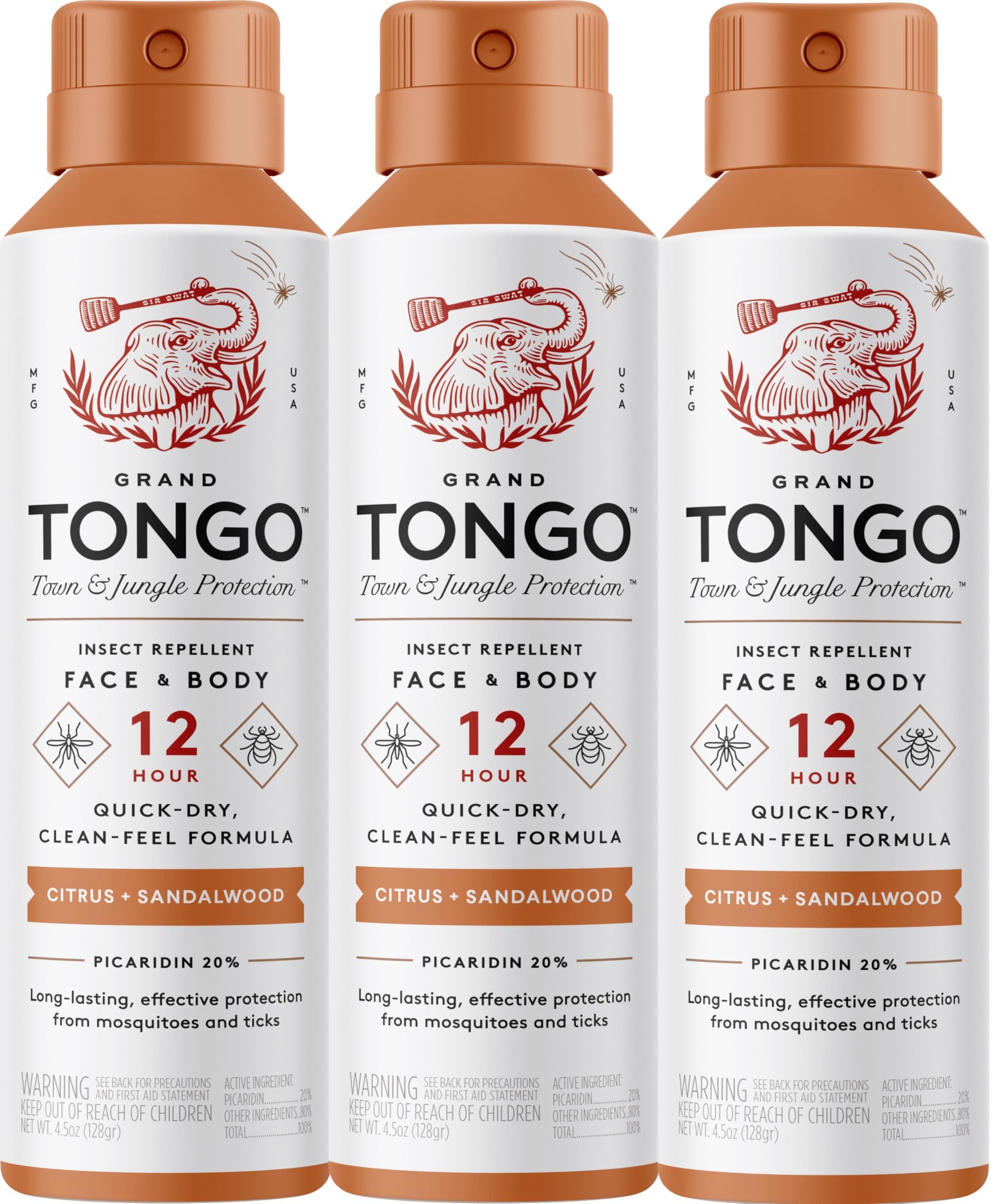 Grand Tongo Citrus and Sandalwood insect repellent bottle front for all-day outdoor protection.