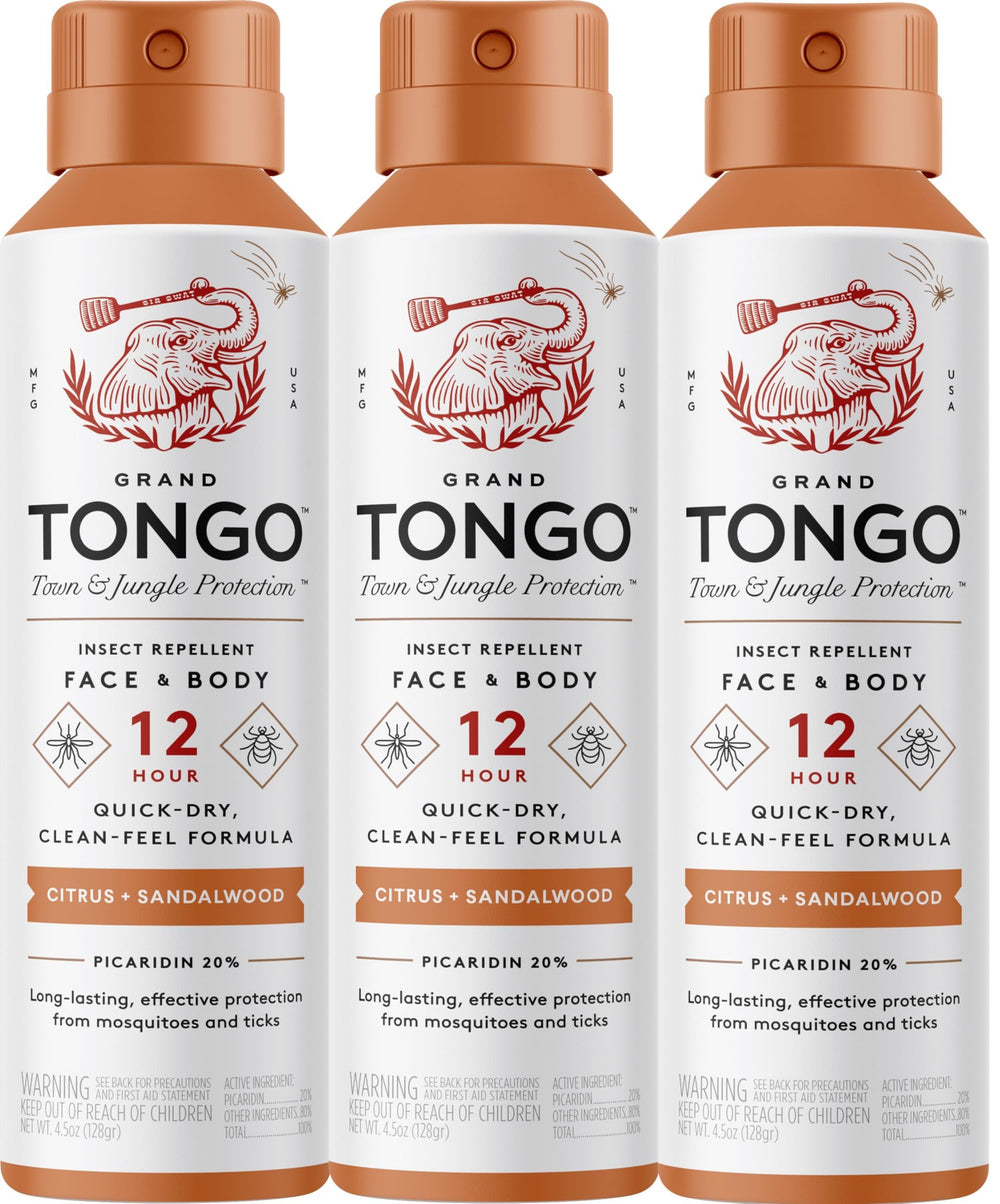 Grand Tongo Citrus and Sandalwood insect repellent bottle front for all-day outdoor protection.